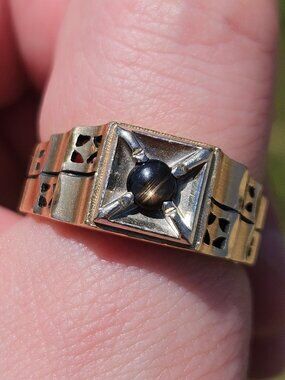 10K Yellow Gold Tiger's Eye Wavy Art Deco Wide Band Men's Ring 9mm Size 10